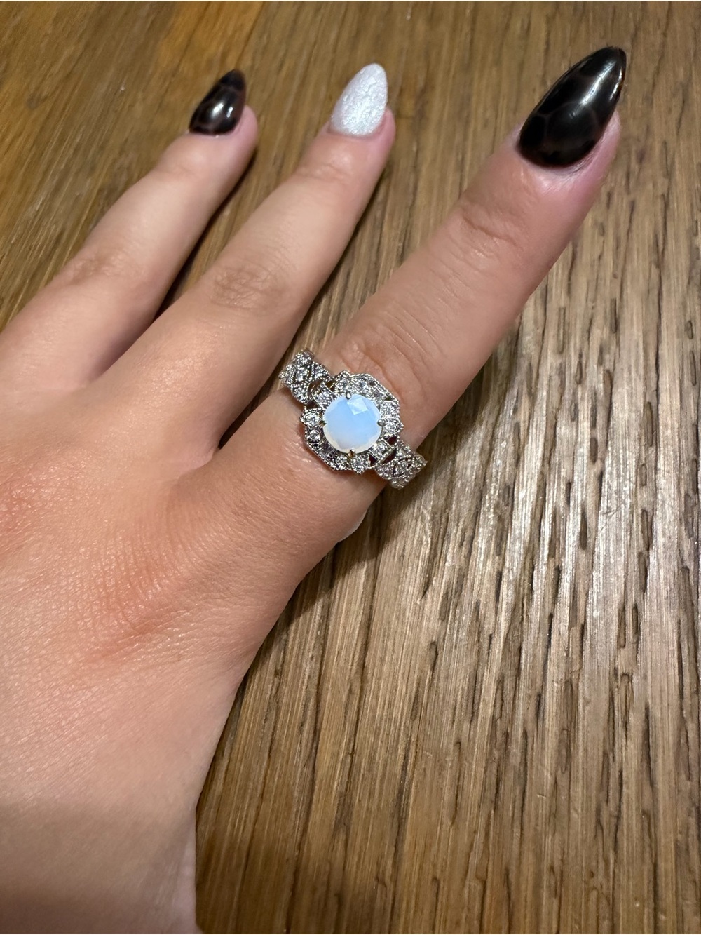 Vintage-Inspired Opal & Cubic Zirconia Silver Ring - Opalescent White